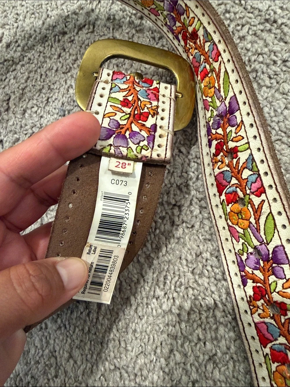 Lucky Brand White Floral Embroidered Belt with Brass Buckle